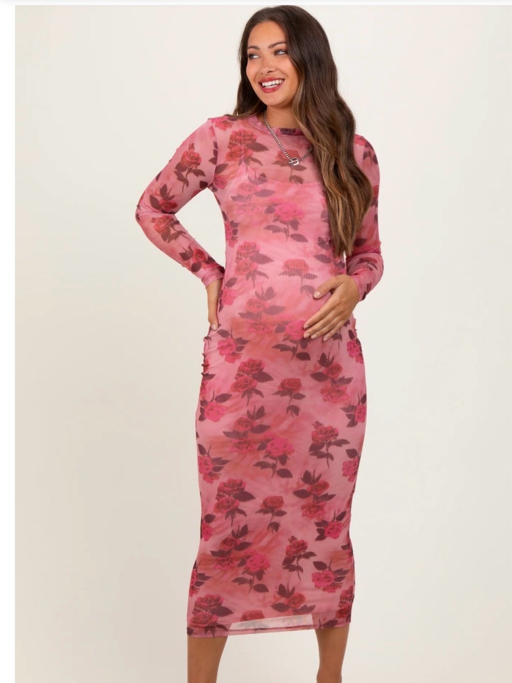 MATERNITY Pinkblush Rose-Print Long Sleeve Pink Sheer Midi Dress